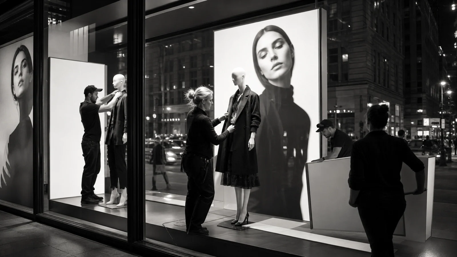 Black-and-white fashion window being changed for a new editorial campaign.