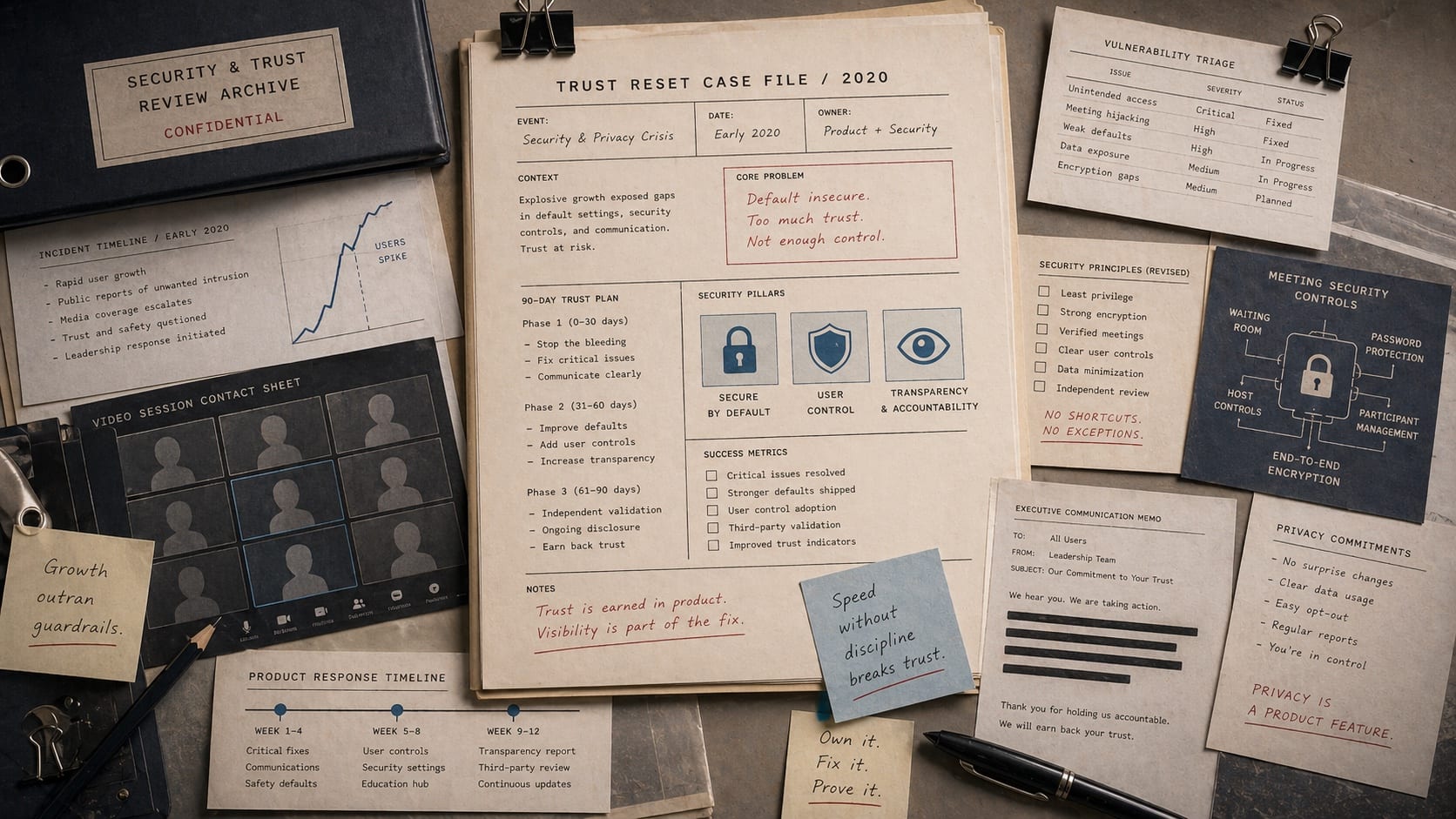 Premium editorial still-life of video-call tile contact sheets, security lock diagrams, and a 90-day trust reset plan