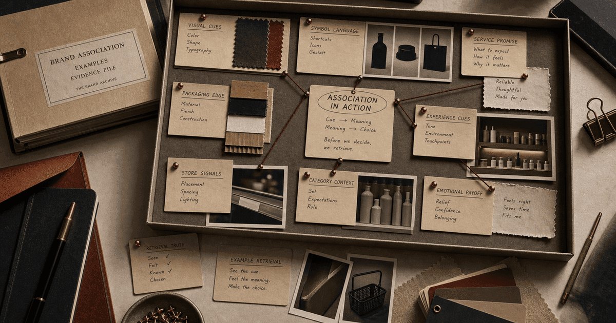 Premium editorial workbench still-life for brand association examples with visual cue, functional proof, emotional proof, category-language, and negative-association trays.