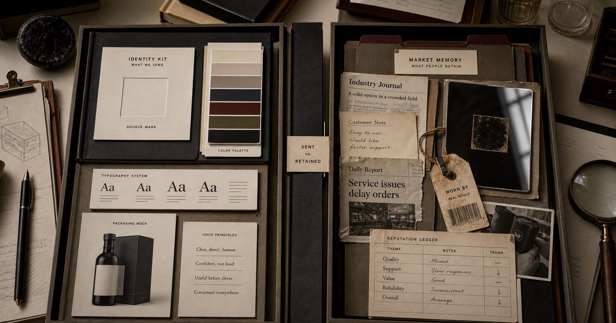 Premium editorial workbench still-life comparing sent brand identity cues with retained brand image, public memory notes, proof files, and mismatch markers.