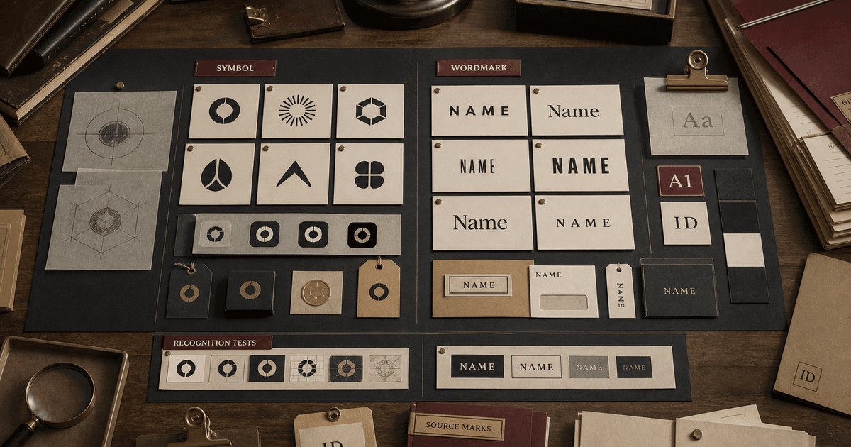 Logo and wordmark system with mark, wordmark, small-size read, and usage cards.