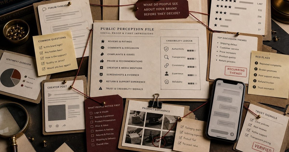Premium editorial workbench still-life showing public perception, reviews, trust signals, product evidence, and first-impression brand checks.