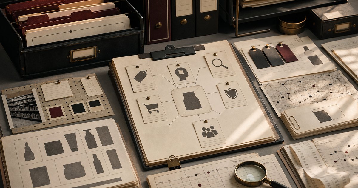 Archive comparison with brand equity ledgers, recognition notes, price-premium cards, trust files, and case folders.