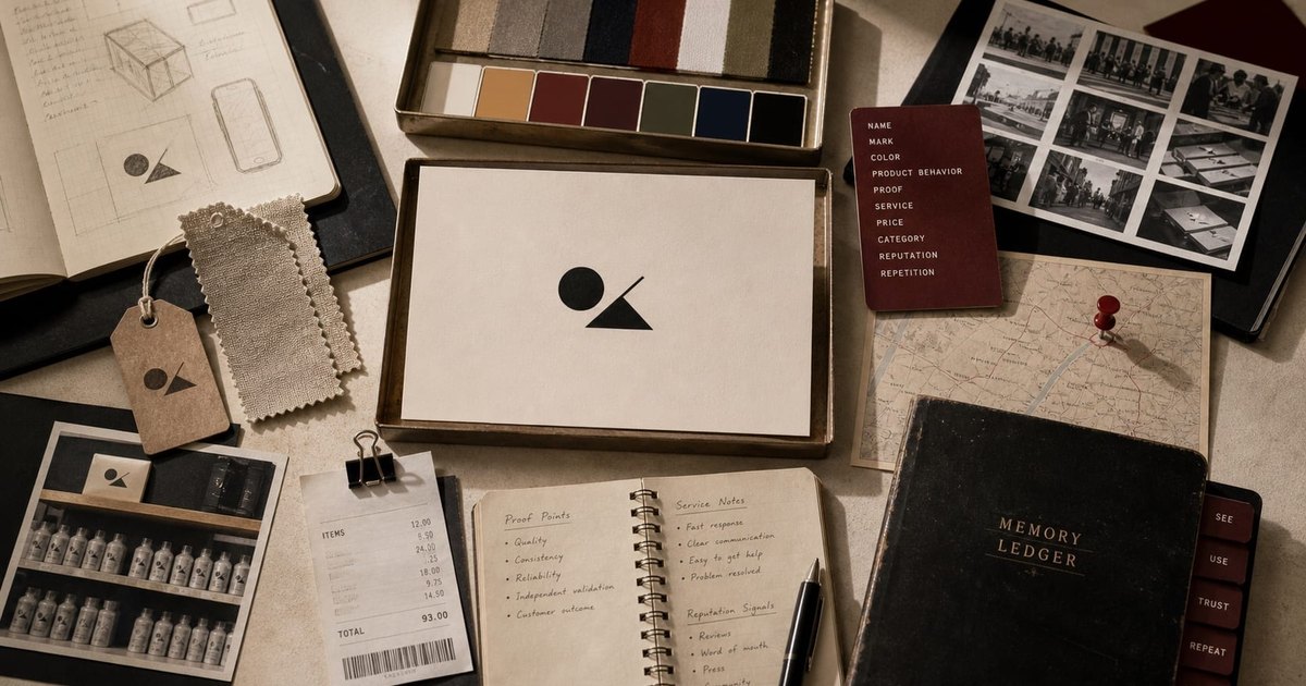 Premium editorial workbench still-life for a branding definition with cue cards, proof files, memory notes, recognition checks, and customer decision markers.
