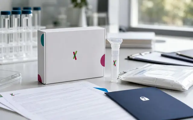A 23andMe DNA kit, report cards, consent files, and secured research-data surfaces arranged as a bankruptcy trust case.