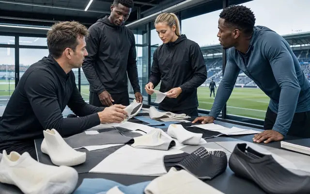 Athletes and product designers reviewing footwear forms and technical fabrics beside a stadium training field.