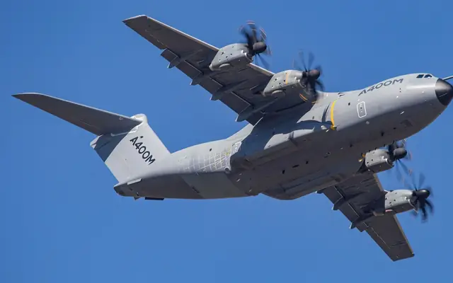 Airbus A400M military transport aircraft in flight.