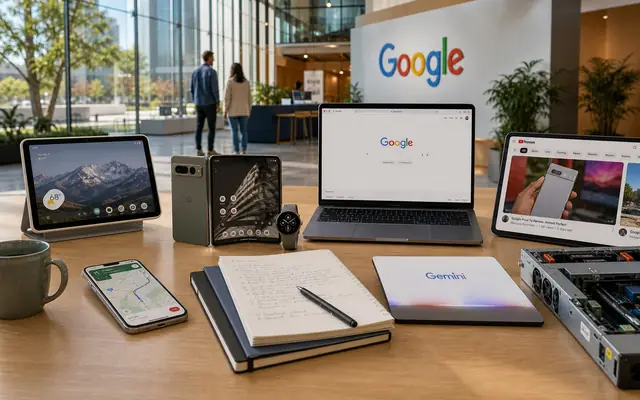Photorealistic Google product ecosystem studio with Pixel devices, Search, YouTube, Maps, Gemini, Cloud hardware, and a real workplace sign.