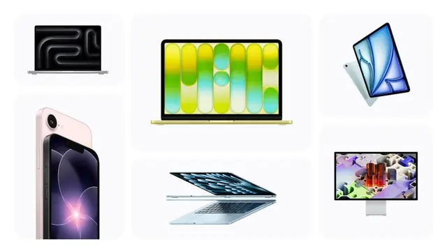 Apple 2026 product family including current Mac, iPad, display, and iPhone hardware photographed by Apple.