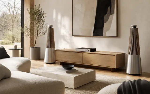 Premium Bang and Olufsen-style Scandinavian listening lounge with sculptural speakers, oak, and aluminum without logos.