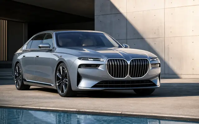 Photorealistic premium sedan front view with a clear twin-kidney grille cue, clean architecture, and no visible brand logo.