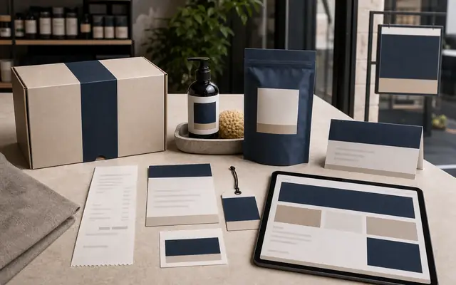 Brand consistency system with package, receipt, support reply, delivery label, sign panel, service artifact, tablet page, and product tag.