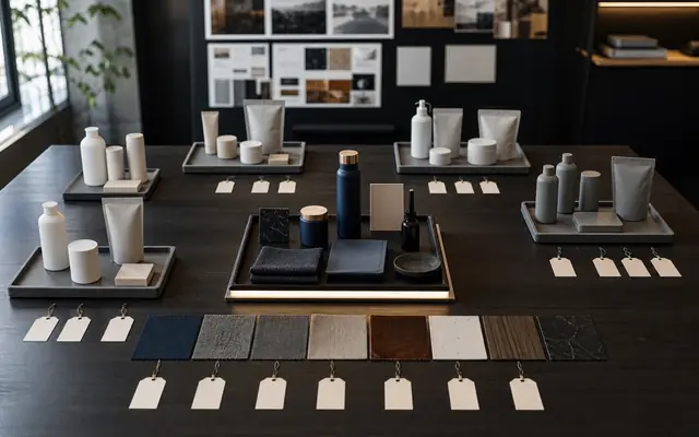 Brand differentiation choice surface with product alternatives, material samples, tags, and a proof tray.