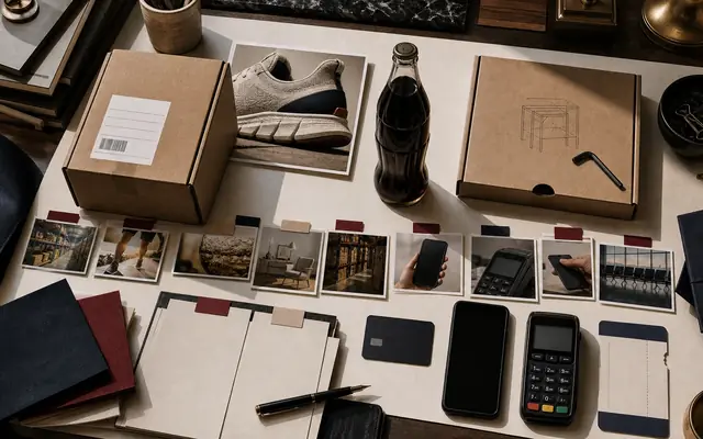 Original brand messaging examples still life showing proof objects, buyer surfaces, and blank evidence cards.