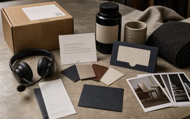 Brand proof point evidence surface with product sample, material swatches, delivery box, recovery card, support headset, receipt, and source photos.