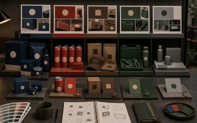 Color ownership visual showing repeated color systems across packages, shelves, and surfaces without logos or readable text.