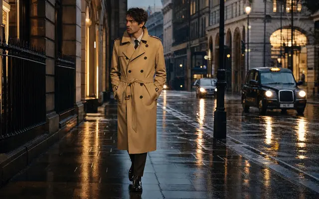 London rain scene centered on a sharply tailored honey trench coat with restrained British luxury styling.