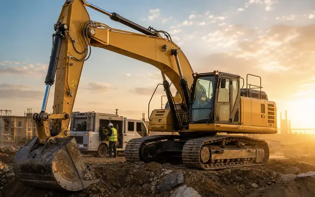 Photorealistic yellow excavator at a construction site with service and field-recognition cues.