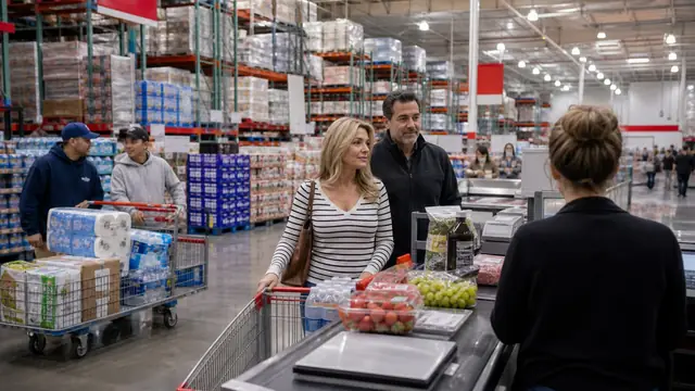 Costco warehouse checkout with bulk products, member cart, and warehouse scale.