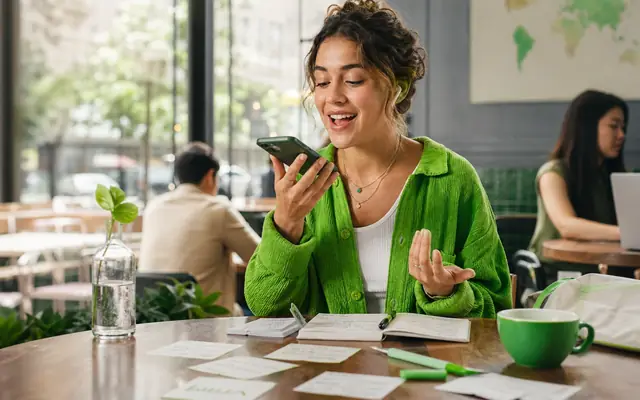 Adult learner practicing spoken language on a phone in a bright cafe.