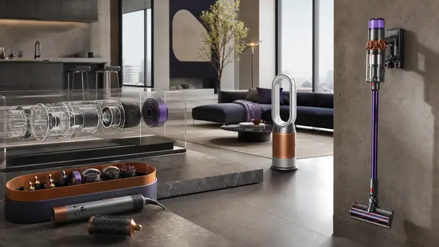 Premium Dyson-style home technology scene with cordless vacuum, air purifier, hair tools, and engineering components.
