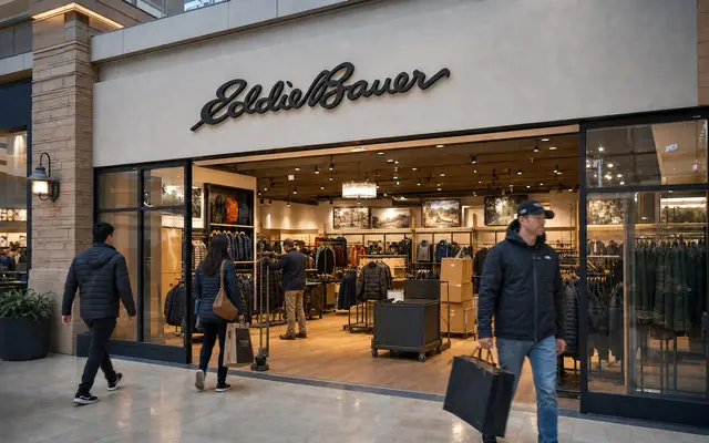 A North American Eddie Bauer store in orderly wind-down with the current signature storefront mark, customers, consolidated racks, and packing boxes.