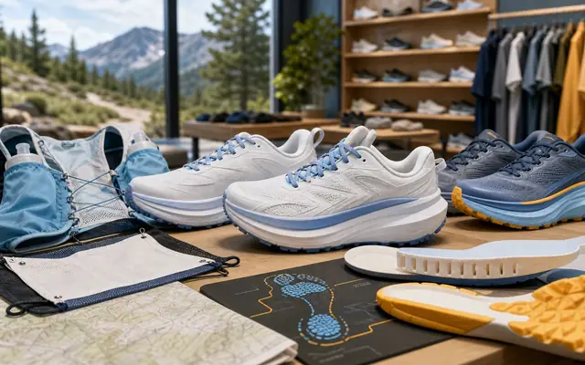 Photorealistic running specialty scene with max-cushion footwear, trail gear, outsole material, maps, and product proof surfaces.