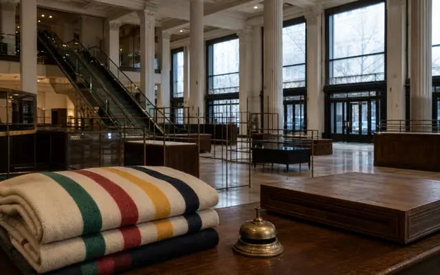 A grand closed department-store interior with folded multistripe heritage blankets, empty counters, and winter daylight.