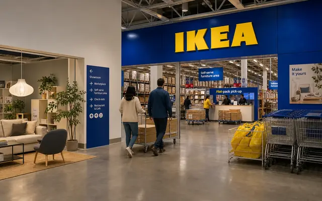 Photorealistic IKEA store entrance with blue and yellow signage, carts, shoppers, and flat-pack pickup cues.