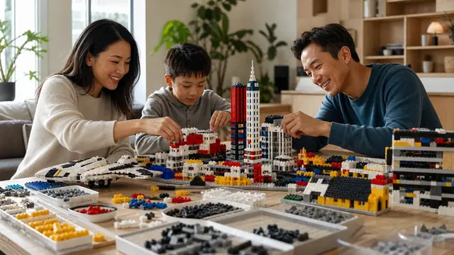Premium LEGO-style family creative work surface with colorful interlocking bricks, modular builds, and sorting trays.