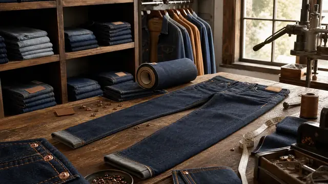 Premium Levi’s-style denim workshop and retail wall with jeans, rivets, blank red tabs, and blank patches.