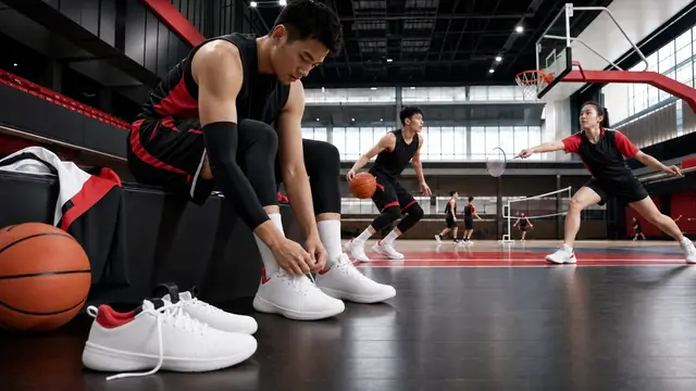 Photorealistic sportswear product-development workbench with basketball, badminton gear, red-black-white fabrics, blank retail plans, material samples, calipers, stopwatch, and indoor court background.