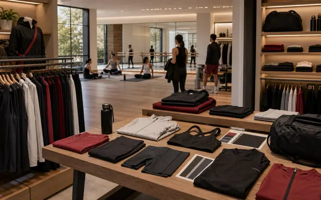 Photorealistic premium athletic apparel retail and studio scene with technical garments, training props, and community-class context.