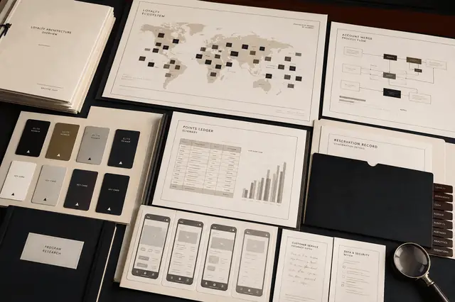 Hospitality portfolio surface showing loyalty, hotel brands, and service touchpoints in one brand system.