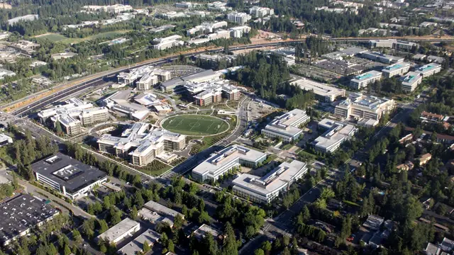 Aerial view of Microsoft West Campus in Redmond showing the physical scale behind the enterprise platform.