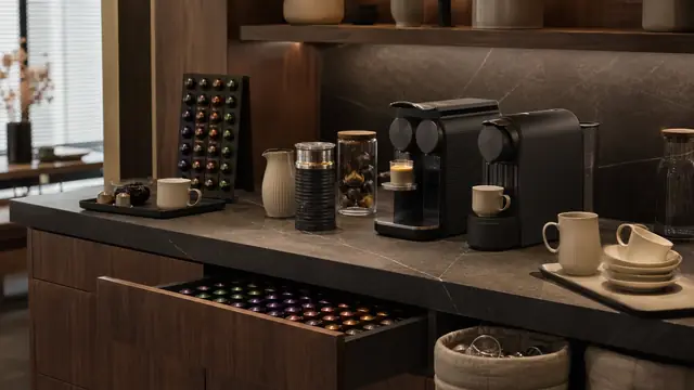 Nespresso-style capsule coffee ritual counter with espresso machine, capsule drawer, cups, and recycling cue.