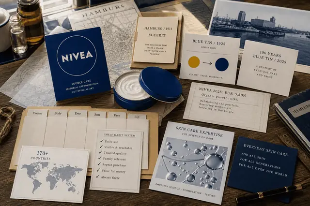 Skin-care packaging surface showing blue used as a familiar trust and care cue.