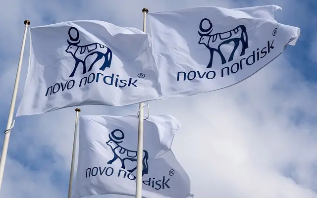 Novo Nordisk flags carrying the current Apis masterbrand against a blue sky.