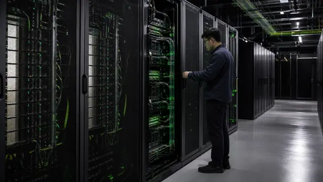 Engineer inspecting liquid-cooled GPU compute racks in a modern AI data center.