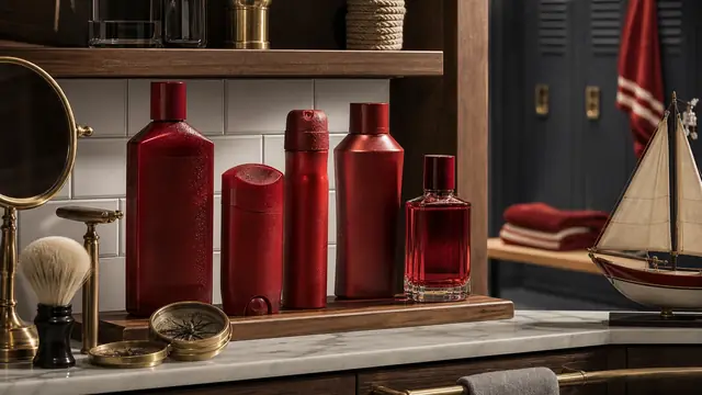 Old Spice-style grooming shelf with red product-family packaging, nautical heritage cues, and athletic-locker context.