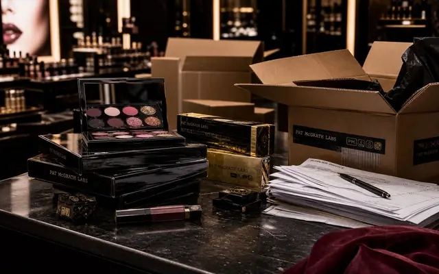 A Pat McGrath Labs prestige beauty counter with black-and-gold packaging, pigment palettes, supplier files, and restructuring papers.