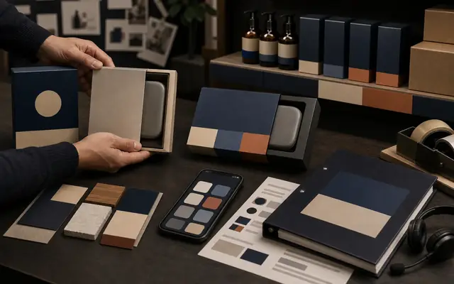 Original rebranding examples rollout-review visual showing old and new package cues across shelf, app, support, and binder surfaces.