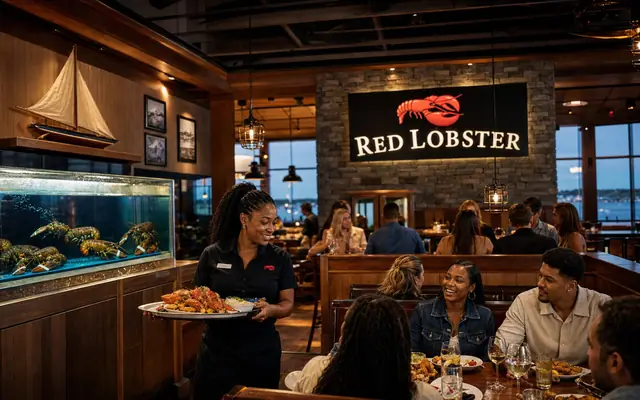An active Red Lobster restaurant interior at evening with guests, seafood service, lobster tank, and realistic current signage.