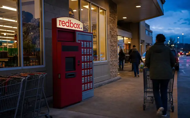 A powered-down but intact Redbox kiosk outside a U.S. store at blue hour with the final red wordmark and purple period.