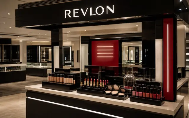 A realistic Revlon beauty counter with red and black brand signage, precise cosmetic displays, and shoppers testing color products.