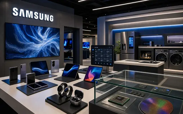 Photorealistic Samsung product showroom with Galaxy devices, TV displays, appliances, wearables, chips, wafer, and a real store sign.