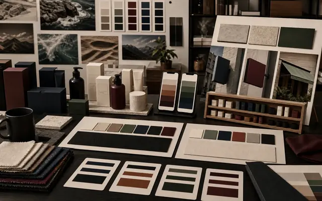 Brand color change decision visual with packages, material samples, contrast cards, shelf tests, phone color blocks, and sign samples.