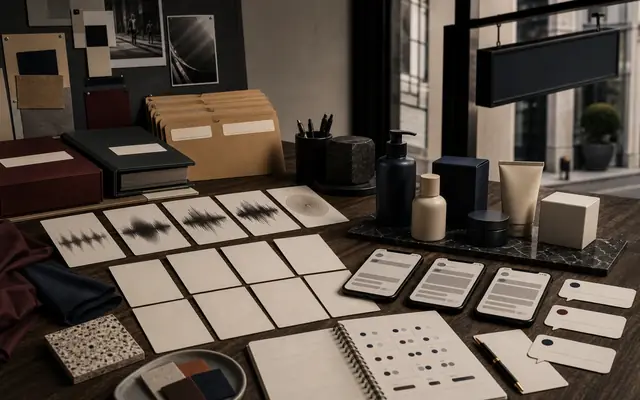 Company rename decision visual with name cards, folders, storefront sign frame, search cards, and package silhouettes.