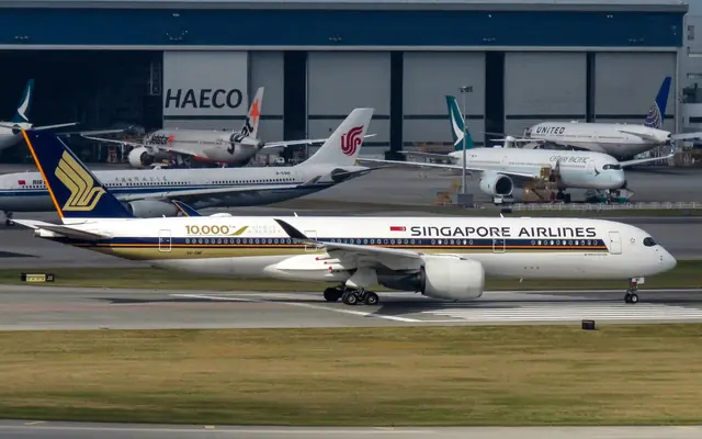 Singapore Airlines Airbus A350 in current livery at an international airport.