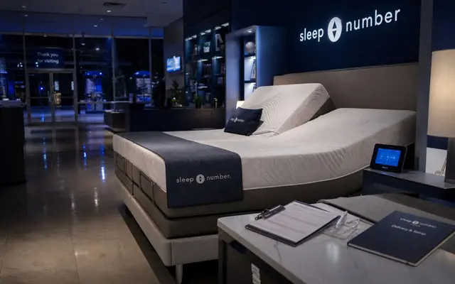 A Sleep Number smart-bed retail showroom with adjustable bed, app tablet, delivery documents, and sale-process files.